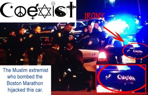 2013_04 19 Coexist bumper sticker on car bomber jacked