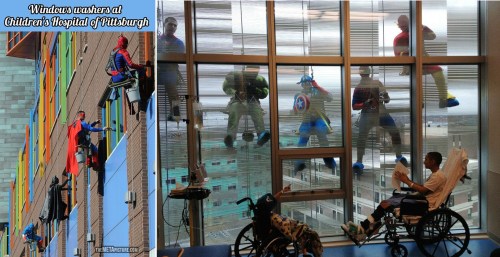 Superheroes wash Children's Hospital windows!