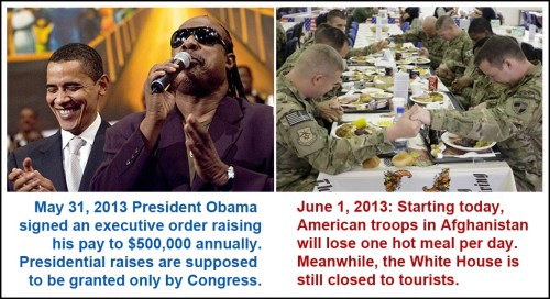 2013_06 01 BHO gives self raise, cuts meals to troops