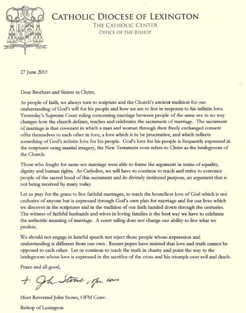 2015_06 28 Bishop of Lexington on SCOTUS marriage ruling