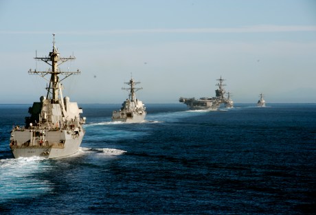 161104-N-FT178-025 PACIFIC OCEAN (Nov. 4, 2016) Left to right, USS Dewey (DDG 105), USS Wayne E. Meyer (DDG 108), USS Carl Vinson (CVN 70), USS OÕKane (DDG 77) and USS Sterett (DDG 104) participate in a show of force transit training exercise. Carrier Strike Group One is underway conducting Composite Training Unit Exercise in preparation for a future deployment. (U.S. Navy photo by Petty Officer 2nd Class Nathan K. Serpico/ Released)